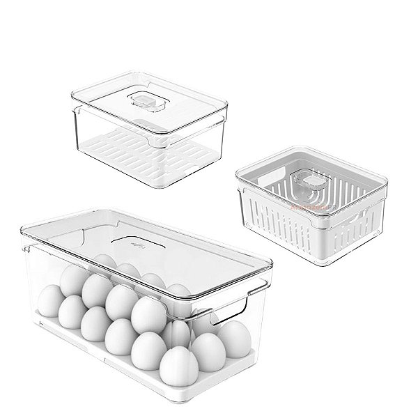 Kit 3 Organizadores Porta Mantimento Para Geladeira Ovos Fruta Verdura Clear Fresh - Ou
