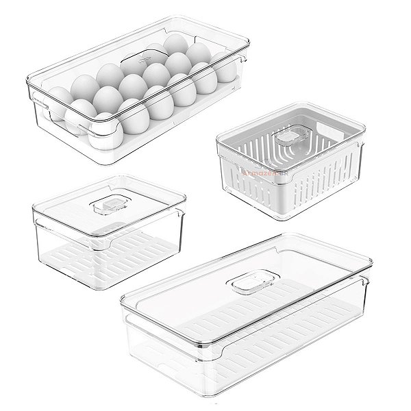 Kit 4 Organizadores Porta Mantimento Para Geladeira Ovos Fruta Verdura Clear Fresh - Ou