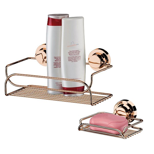 Kit Suporte Shampoo Porta Sabonete Ventosa Acessórios Banheiro Parede Cobre Rose Gold - Future