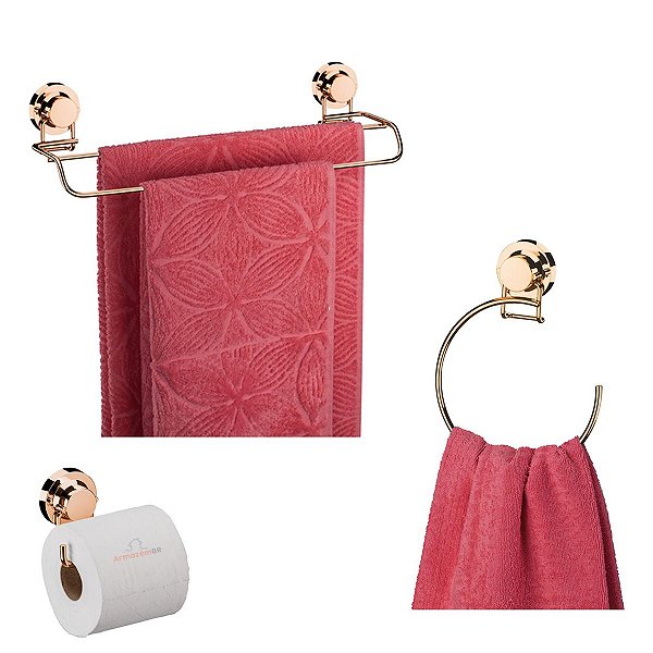 Kit Toalheiro Duplo Porta Papel Higiênico Toalha Argola Ventosa Lavabo Banheiro Cobre Rose Gold - Future