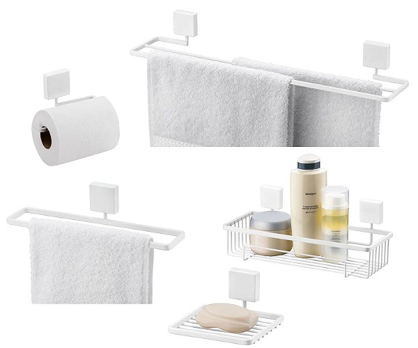 Kit 5 Peças Banheiro Toalheiro Porta Shampoo Saboneteira Suporte Papel Higiênico Branco Fosco - Future