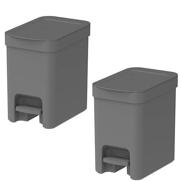 Kit 2 Lixeiras Com Pedal 6 Litros Porta Cesto Lixo Plástica Banheiro Cozinha Trium - Ou - Chumbo