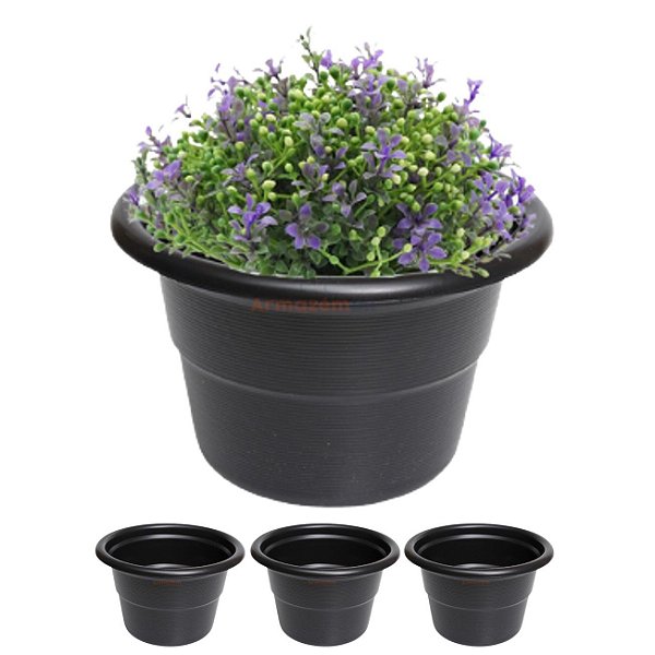 Kit 4 Vaso Redondo Médio Para Flores Plantas Jardim Plástico Preto - AMZ