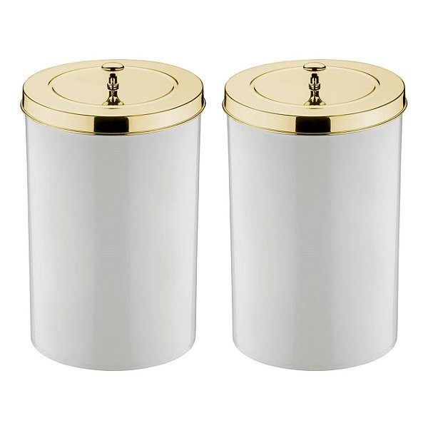 Kit 2 Lixeira 8 Litros Tampa Cesto De Lixo Dourado Para Cozinha Banheiro Escritório - Future - Branco