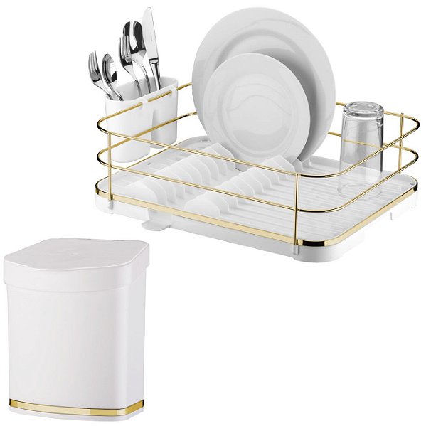 Kit Escorredor De Louças Lixeira 2,5L Tampa Pia Cozinha Branco Dourado - Future - Branco