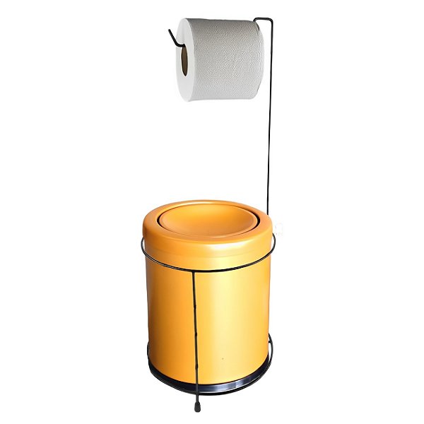 Kit Suporte Porta Papel Higiênico Chão Com Lixeira 6,3L Basculante Banheiro Preto Dourado Fosco - CP