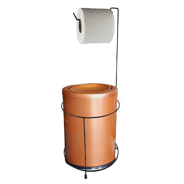 Kit Porta Papel Higiênico Chão Com Lixeira 9,1L Basculante Cesto Lixo Preto Rose Gold Fosco Banheiro - CP