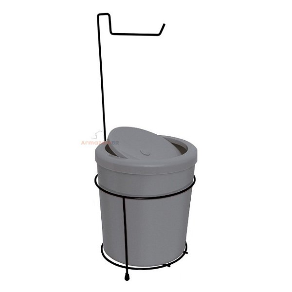 Suporte Porta Papel Higiênico Com Lixeira 5L Cesto Lixo Tampa Basculante Redondo Banheiro Cinza Preto - 450 AMZ