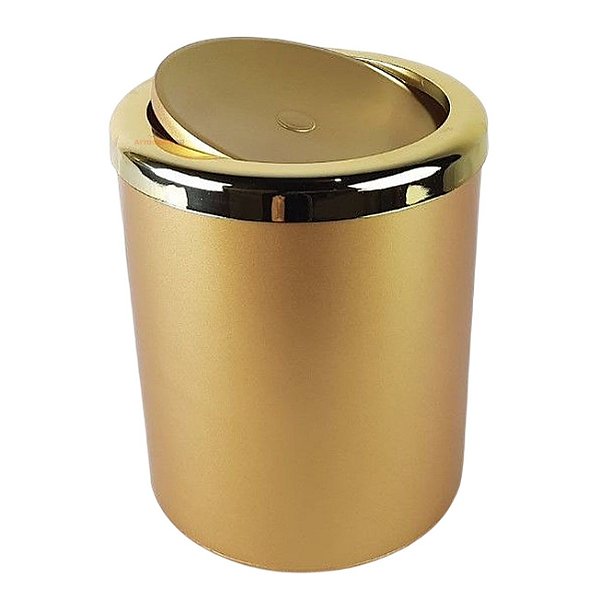 Lixeira 5 Litros Tampa Basculante Redonda Cesto Lixo Plástico Dourado Metalizado Banheiro - AMZ - Dourado