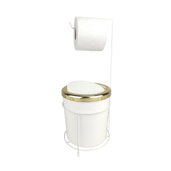 Kit Suporte Porta Papel Higiênico Lixeira 5L Cesto Lixo Tampa Basculante Redonda Banheiro Branco Dourado - AMZ