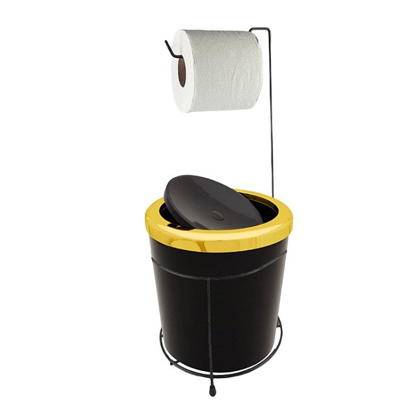Kit Suporte Porta Papel Higiênico Lixeira 5L Cesto Lixo Tampa Basculante Redonda Banheiro Preto Dourado - AMZ