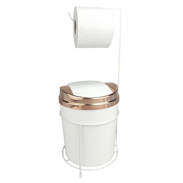 Kit Suporte Porta Papel Higiênico Lixeira 5L Cesto Lixo Tampa Basculante Banheiro Branco Rose Gold - AMZ