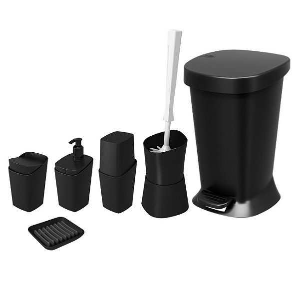 Kit Banheiro Lixeira 5L Suporte Escova Sanitária Dispenser Porta Sabonete Algodão Escova Saboneteira Square Preto - Coza