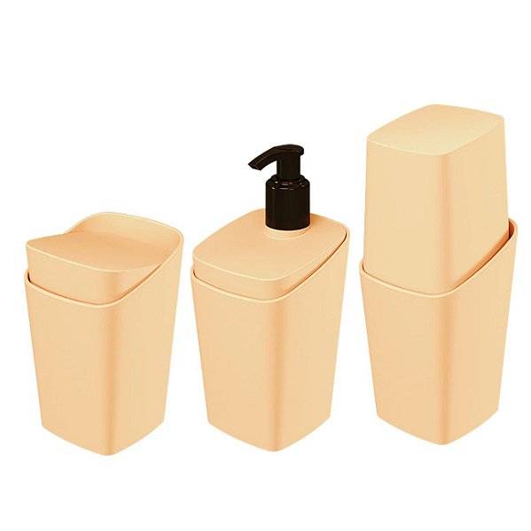 Kit Banheiro 3 Peças Dispenser Sabonete Líquido Porta Escova De Dente Algodão Cotonete Square Rosa - Coza