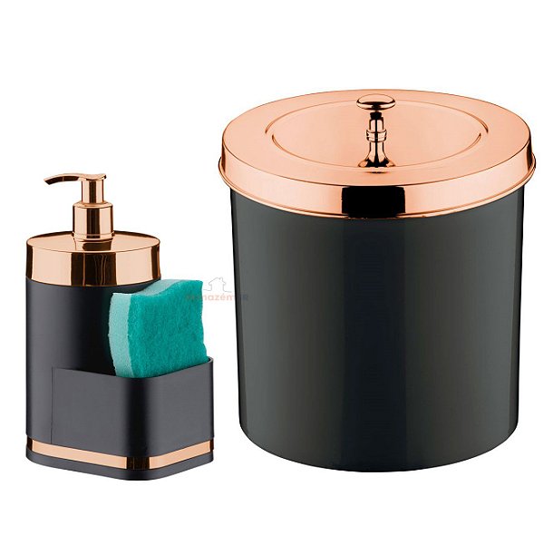 Kit Cozinha 2 Peças Lixeira 5L Dispenser Porta Detergente Líquido Esponja Para Pia Preto Rose Gold - Future