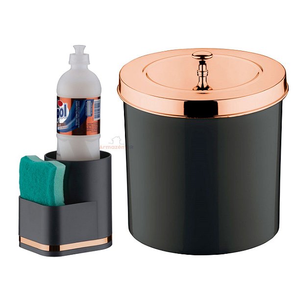 Kit Cozinha 2 Peças Lixeira 5L Organizador Porta Detergente Esponja Para Pia Preto Rose Gold - Future