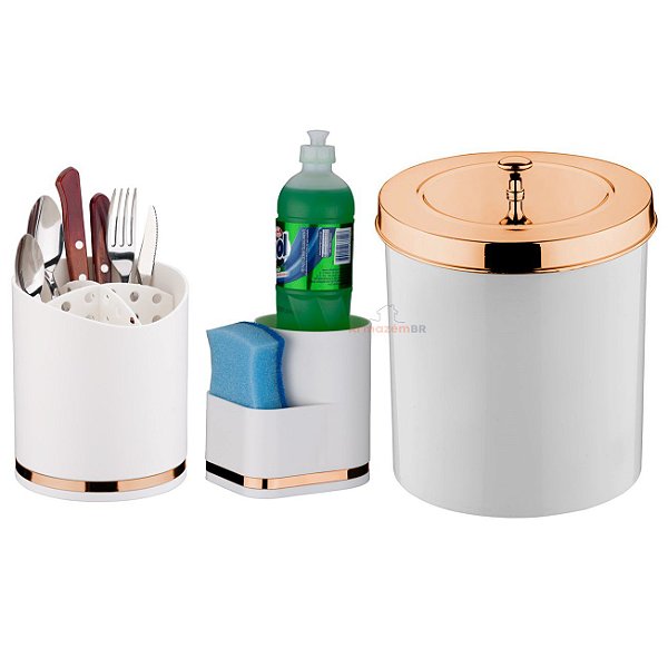 Kit Cozinha 3 Peças Lixeira 5L Organizador Porta Detergente Esponja Escorredor Talheres Branco Rose Gold - Future