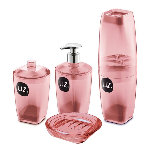 Kit Banheiro Dispenser Sabonete Suporte Porta Escova Algodão Cotonete Saboneteira Rosa - Uz