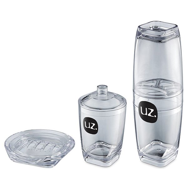 Kit Banheiro Suporte Porta Escova Algodão Cotonete Saboneteira Premium Transparente - Uz