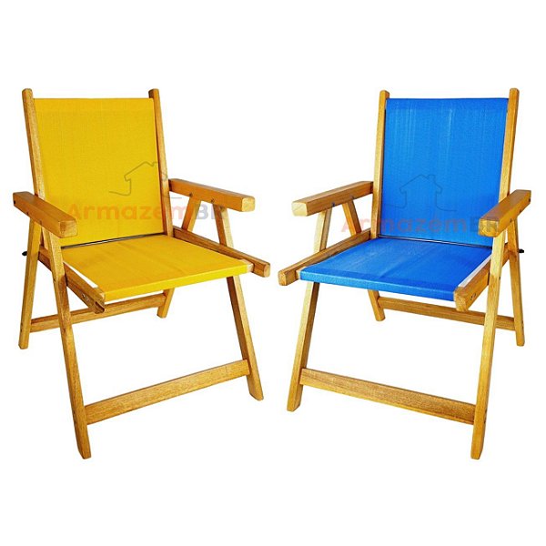Kit 2 Cadeira De Madeira Dobrável Para Lazer Jardim Praia Piscina Camping Amarelo E Azul - AMZ - Amarelo e Azul