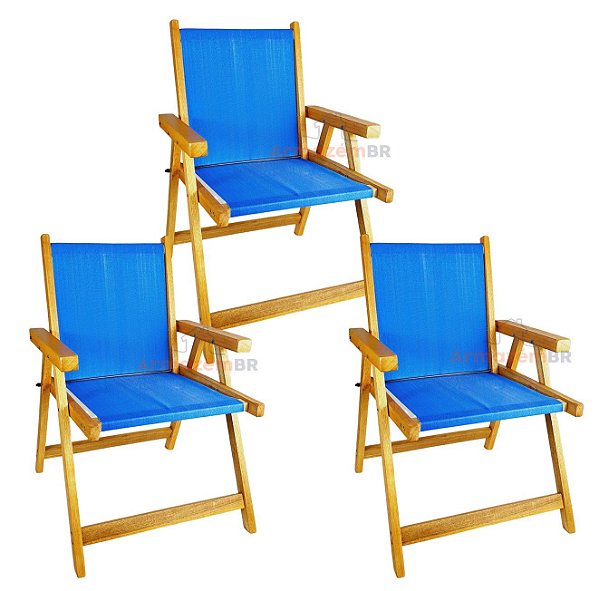 Kit 3 Cadeira De Madeira Dobrável Para Lazer Jardim Praia Piscina Camping Azul - AMZ - Azul