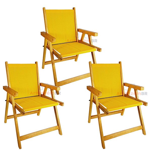 Kit 3 Cadeira De Madeira Dobrável Para Lazer Jardim Praia Piscina Camping Amarelo - AMZ - Amarelo