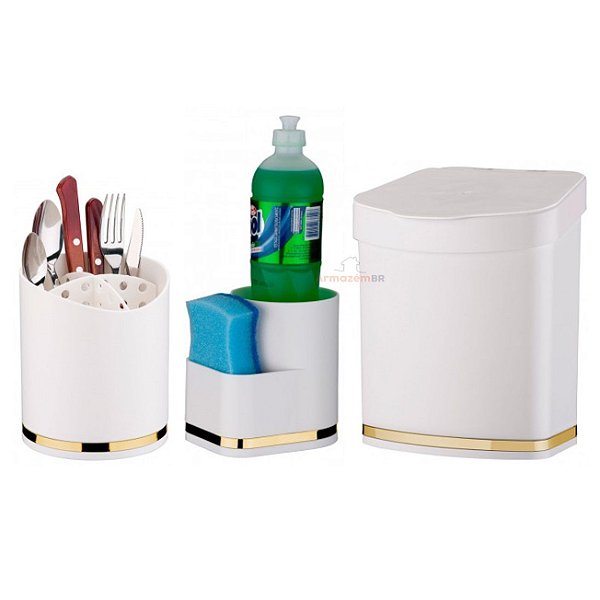 Kit Cozinha 3 Peças Lixeira 2,5L Organizador Porta Detergente Esponja Escorredor Talheres Pia Branco Dourado - Future