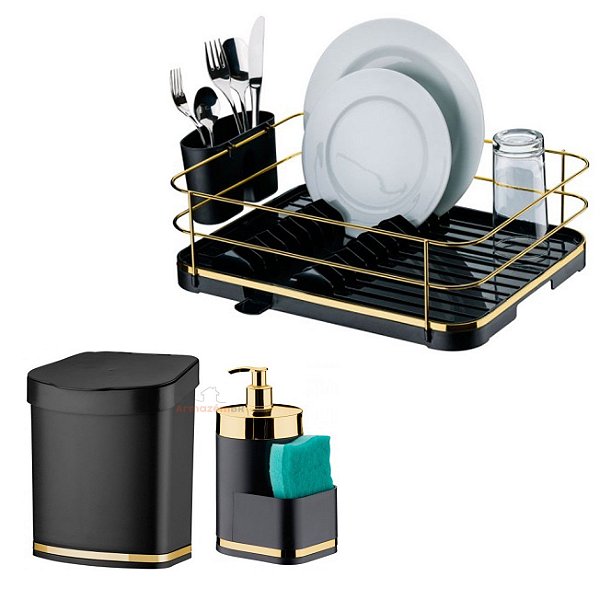 Kit Cozinha 3 Peças Escorredor Louça Talheres Lixeira 2,5L Dispenser Detergente Preto Dourado - Future