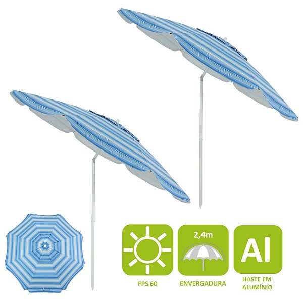 Kit 2 Guarda Sol 2,4 Metros Alumínio Fibra De Vidro Poliéster Praia Jardim Piscina Azul - Belfix