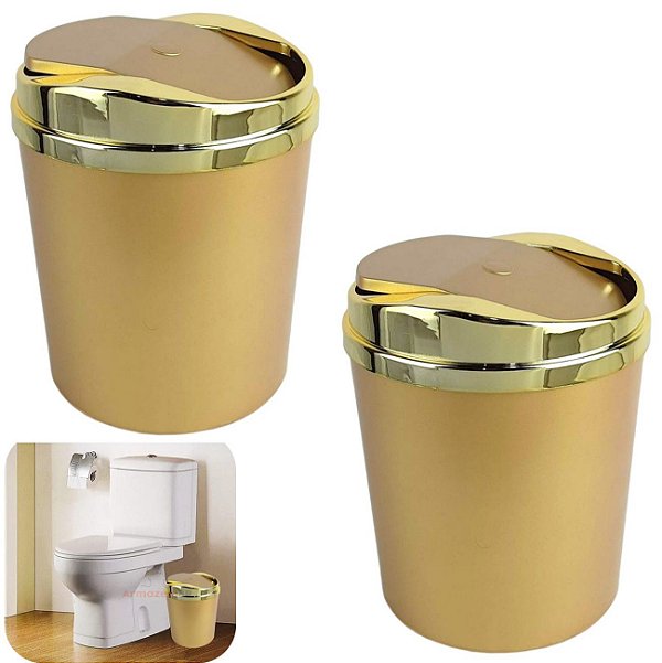 Kit 2 Lixeira 5 Litros Tampa Basculante Metalizada Plástica Banheiro Dourado  AMZ - Dourado