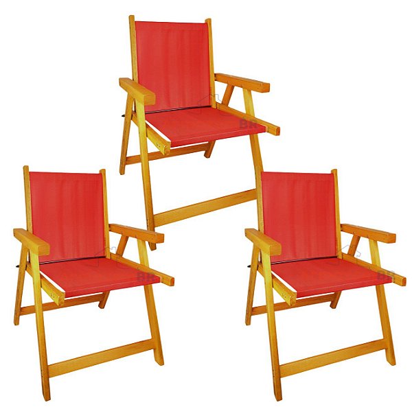 Kit 3 Cadeira De Madeira Dobrável Para Lazer Jardim Praia Piscina Camping Vermelho - AMZ - Vermelho