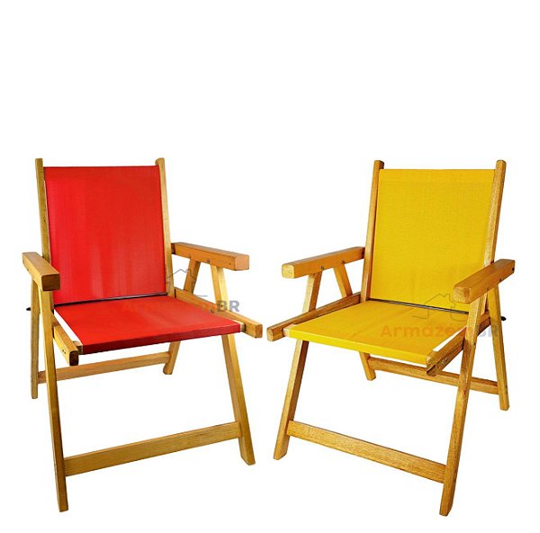 Kit 2 Cadeira De Madeira Dobrável Para Lazer Jardim Praia Piscina Camping Vermelho E Amarelo - AMZ - Vermelho e Amarelo