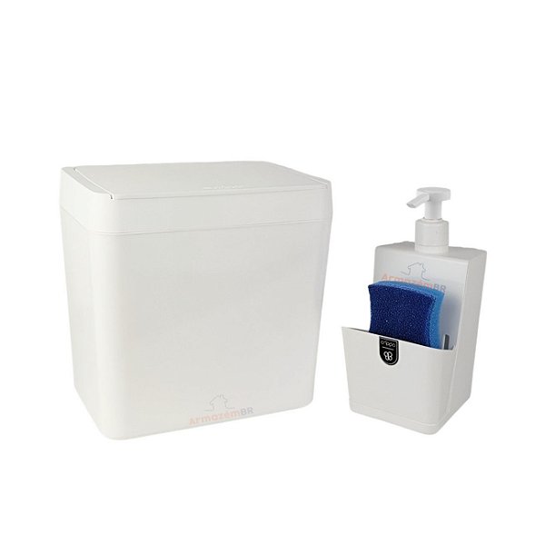 Kit Cozinha Lixeira 5L Dispenser Porta Detergente Organizador De Pia Branco - Crippa