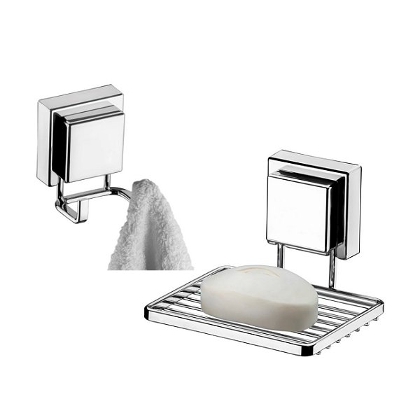 Kit Banheiro 2 Peças Suporte Porta Sabonete Cabide Gancho Duplo Multiuso Com Ventosa Cromado - Future