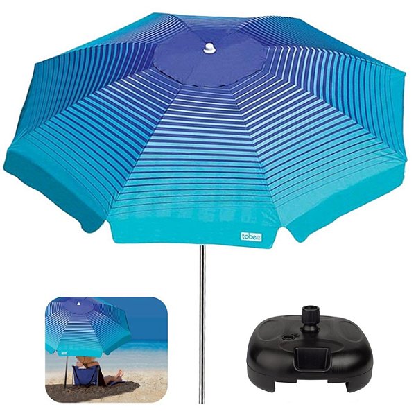 Kit Guarda Sol 2,2m Articulado Alumínio Sombreiro Cancun Azul Base Plástica Preto