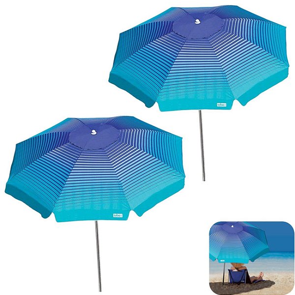 Kit 2 Guarda Sol 2,2m Articulado Alumínio Sombreiro Cancun Praia Piscina Camping Azul - Tobee