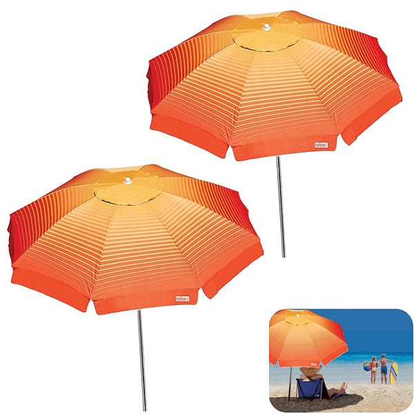 Kit 2 Guarda Sol 2,2m Articulado Alumínio Sombreiro Cancun Praia Piscina Camping Laranja - Tobee