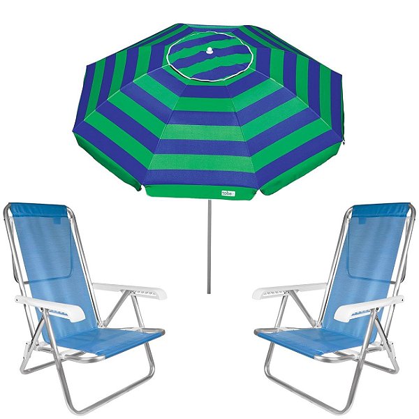 Kit Guarda Sol 2m Aruba Verde Cadeira 8 Posições Alumínio Sannet Praia Piscina Camping - Azul