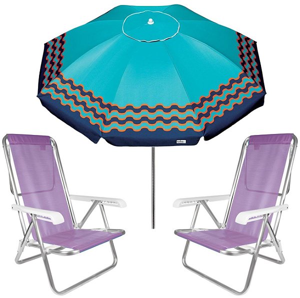 Kit Guarda Sol 2,5m Articulado Ibiza Turquesa Cadeira 8 Posições Alumínio Sannet Praia Piscina Camping - Lilás