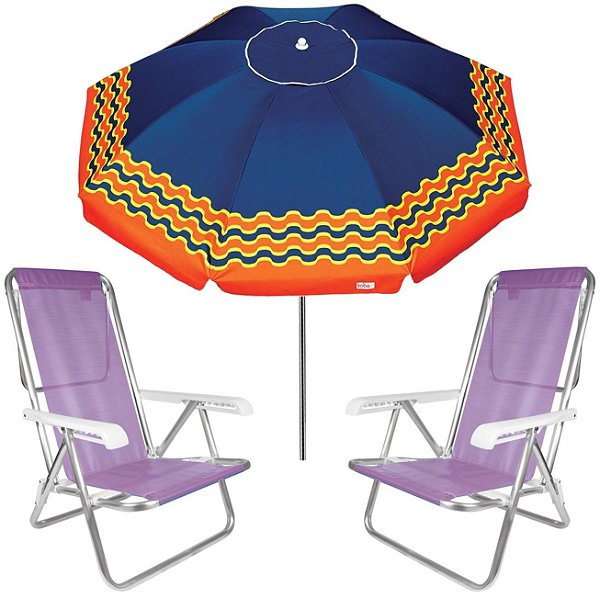 Kit Guarda Sol 2,4m Articulado Ibiza Azul Marinho Cadeira 8 Posições Alumínio Sannet Praia Piscina Camping - Lilás