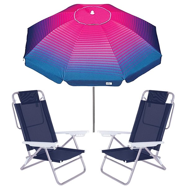 Kit Guarda Sol 2,2m Articulado Cancun Cadeira Reclinável Summer 6 Posições Alumínio Praia Jardim Camping Piscina - Rosa