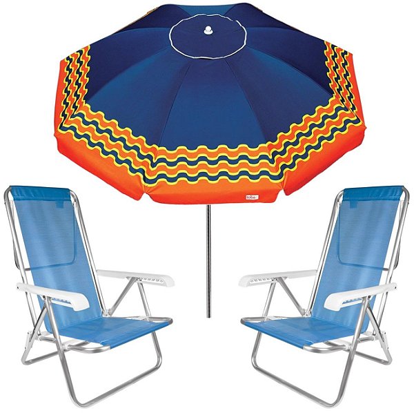 Kit Guarda Sol 2,5m Articulado Ibiza Azul Marinho Cadeira 8 Posições Alumínio Sannet Praia Piscina Camping - Azul
