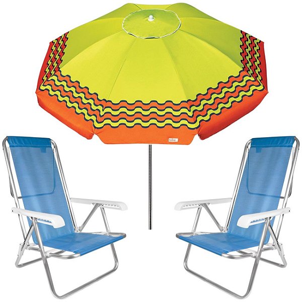 Kit Guarda Sol 2,4m Articulado Ibiza Verde Limão Cadeira 8 Posições Alumínio Sannet Praia Piscina Camping - Azul