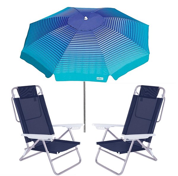 Kit Guarda Sol 2,2m Articulado Cancun Cadeira Reclinável Summer 6 Posições Alumínio Praia Jardim Camping Piscina - Azul