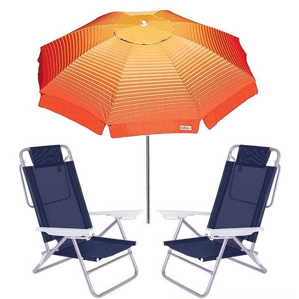 Kit Guarda Sol 2,2m Articulado Cancun Cadeira Reclinável Summer 6 Posições Alumínio Praia Jardim Camping Piscina - Laran