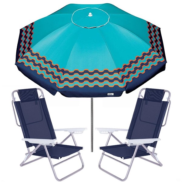 Kit Guarda Sol 2,4m Articulado Ibiza Cadeira Reclinável Summer 6 Posições Alumínio Praia Jardim Camping Piscina - Turque