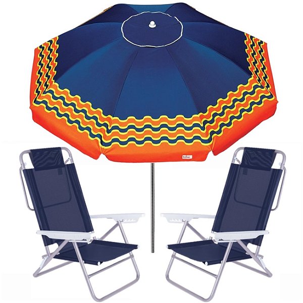 Kit Guarda Sol 2,4m Articulado Ibiza Cadeira Reclinável Summer 6 Posições Alumínio Praia Jardim Camping Piscina - Azul M