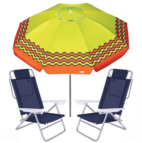 Kit Guarda Sol 2,4m Articulado Ibiza Cadeira Reclinável Summer 6 Posições Alumínio Praia Jardim Camping Piscina - Verde