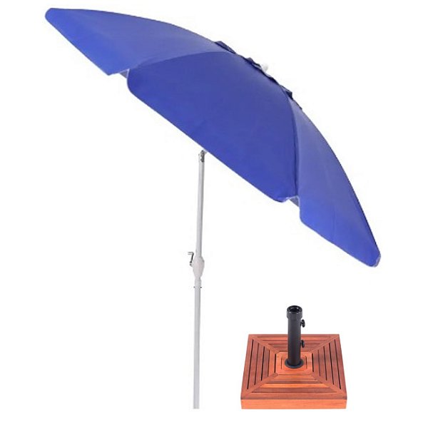 Kit Ombrelone Maresias 2,5m Bagum Alumínio Articulado Manivela Azul Com Base Madeira - Belfix
