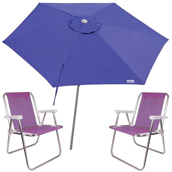Kit Guarda Sol Ombrelone 2,4m Malibu Azul 2 Cadeira Alta Alumínio Sannet Praia Piscina Camping - Tobee - Lilás